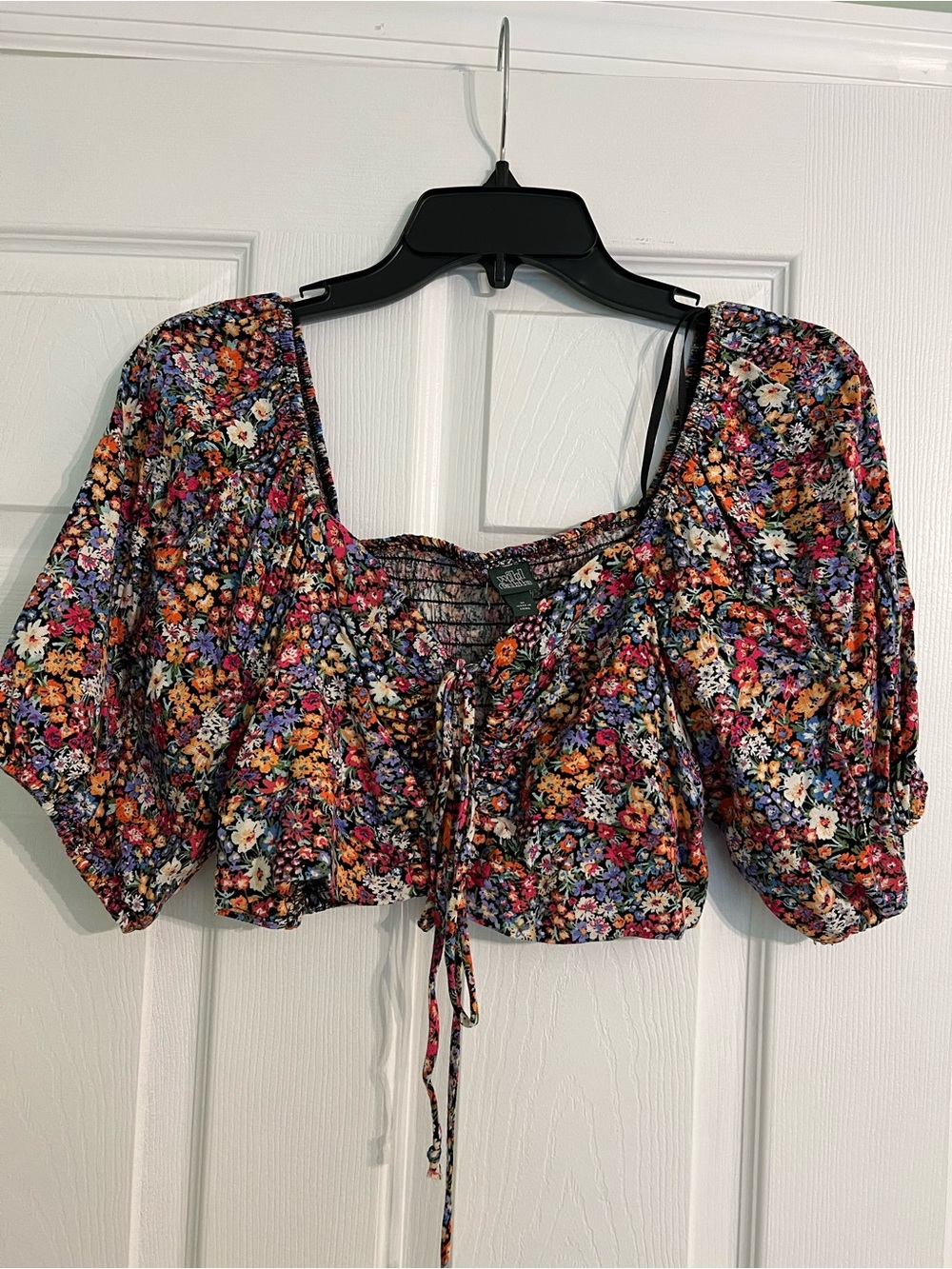 wild fable Multicolor Floral Tie-Front Puff Sleeve Crop Top
